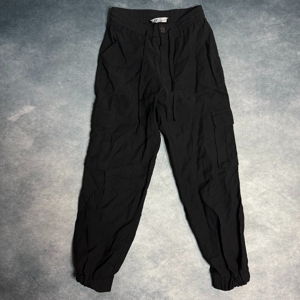 ZARA Basic Black Womens sz XS Drawstring Waistband Zip Fly Tapered Leg Soft Pant